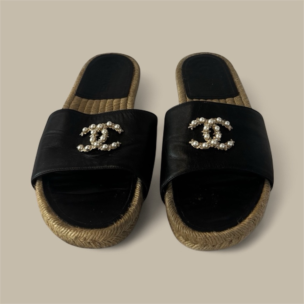 CHANEL Black and Gold Embellished Sandals